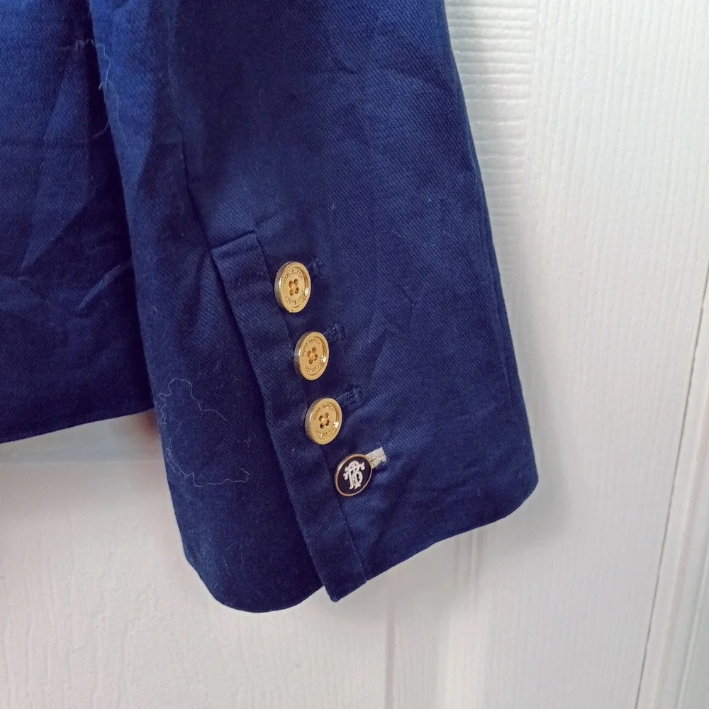 Tory Burch Blazer Women 10 Navy Blue Excellent Single Button Gold Logo Hardware